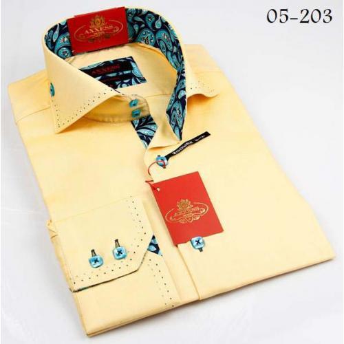 Axxess Yellow Handpick Stitching Paisley 100% Cotton Dress Shirt 05-203